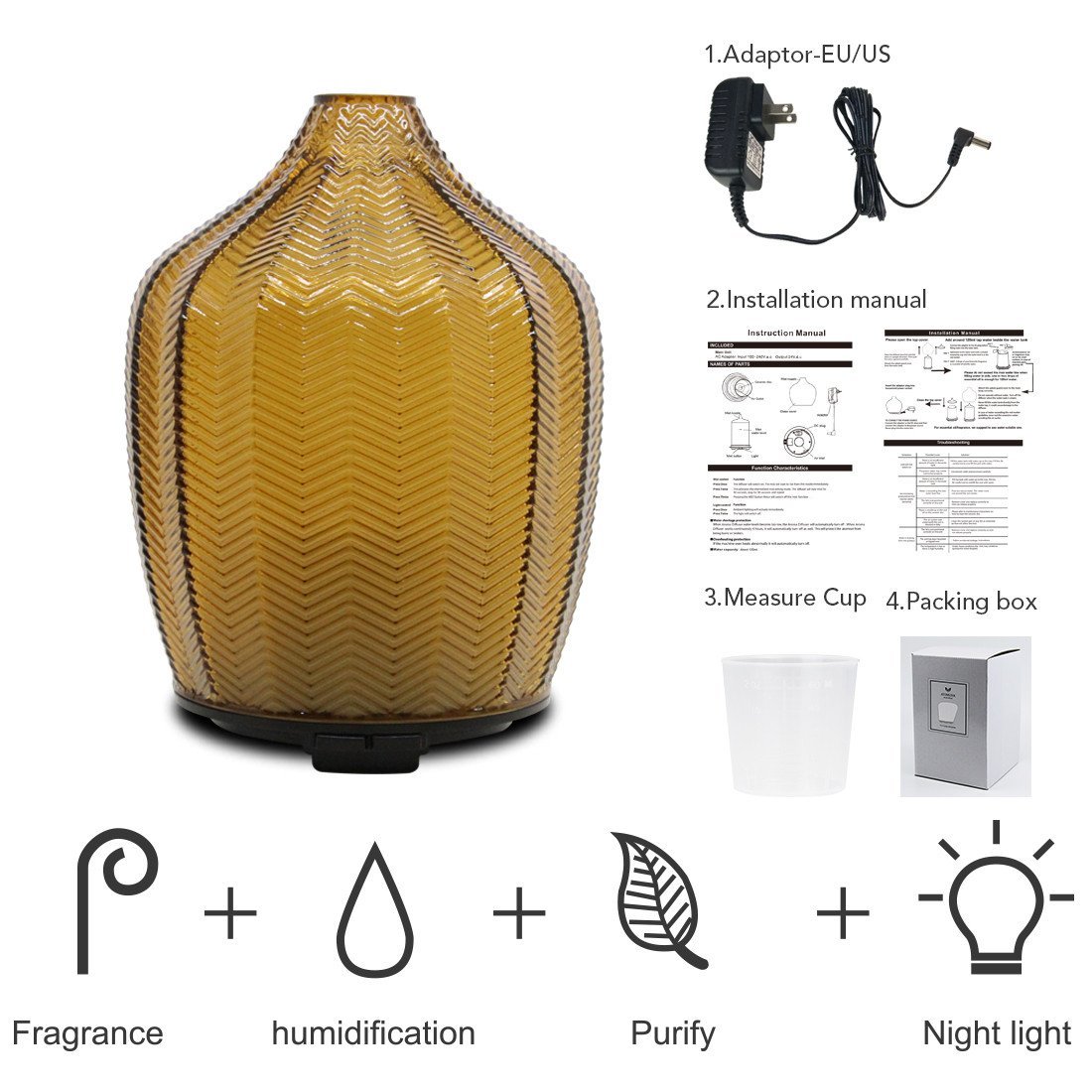 Ultrasonic Glass Aroma Diffuser – Cool-Mist, Warm-Yellow LED, 120 ml