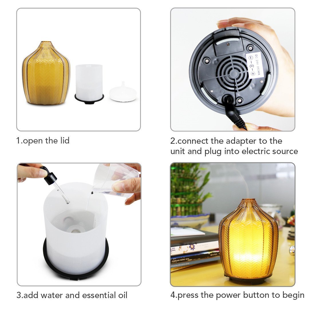 Ultrasonic Glass Aroma Diffuser – Cool-Mist, Warm-Yellow LED, 120 ml