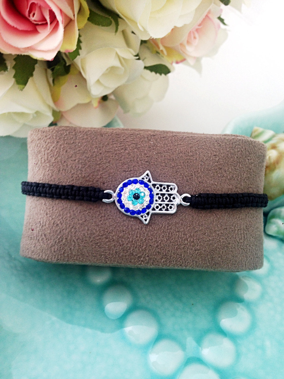 Handmade Hamsa-Eye Macramé Bracelet – Black Cord / Silver-Plated Charm