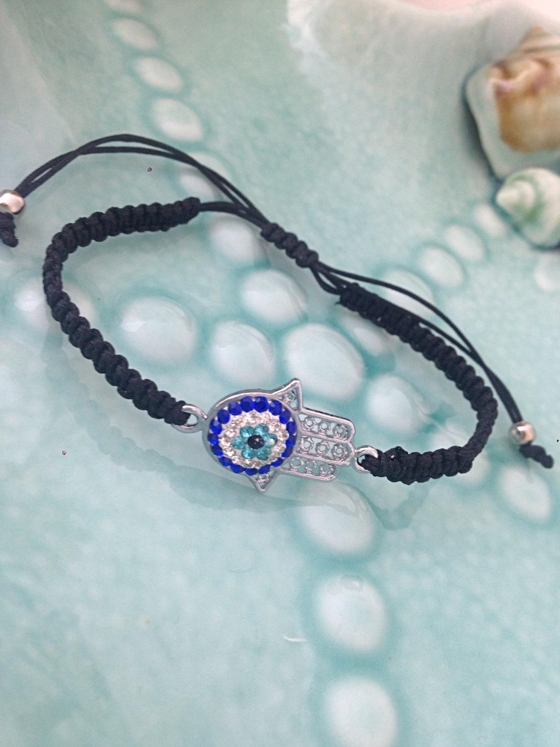 Handmade Hamsa-Eye Macramé Bracelet – Black Cord / Silver-Plated Charm