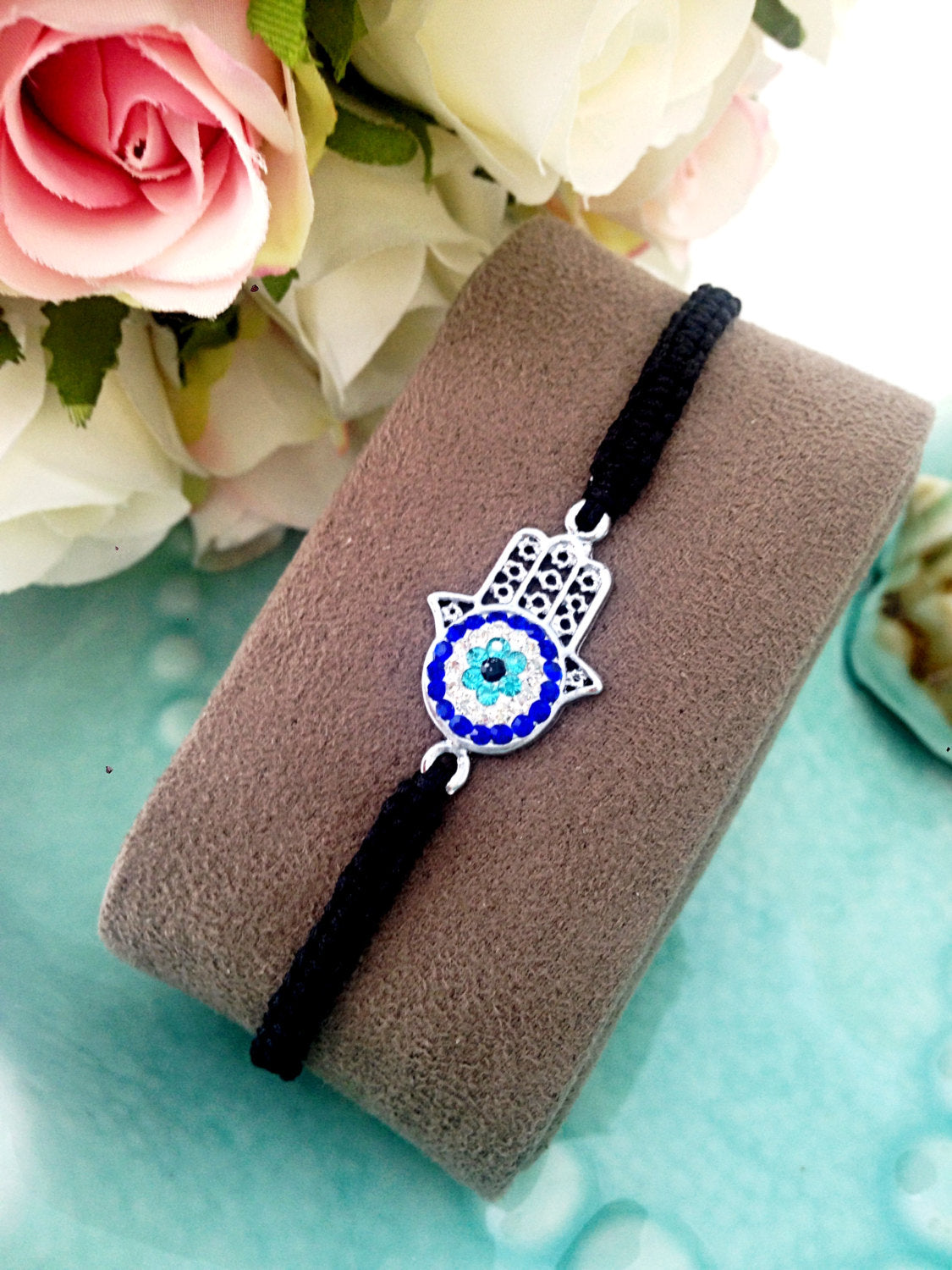 Handmade Hamsa-Eye Macramé Bracelet – Black Cord / Silver-Plated Charm